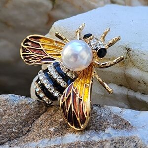 Gold Bee Brooch Neiman Marcus Big Pearl Black Crystals